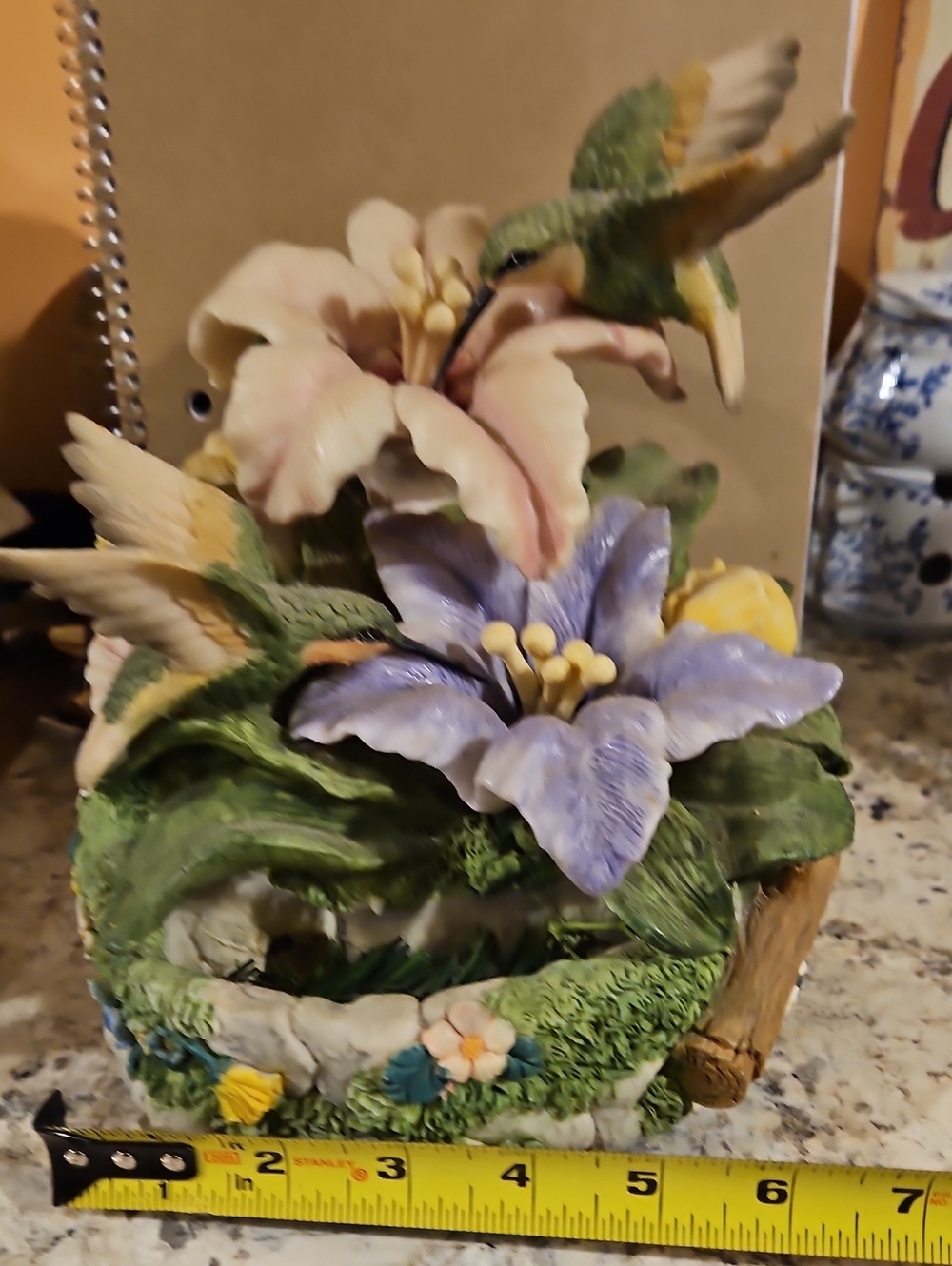 Purple, Pink & Green Floral Hummingbird Accent Table Fountain And Bird Song